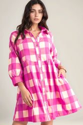 Ruched Plaid Three-Quarter Sleeve Shirt Dress OutfitFlow